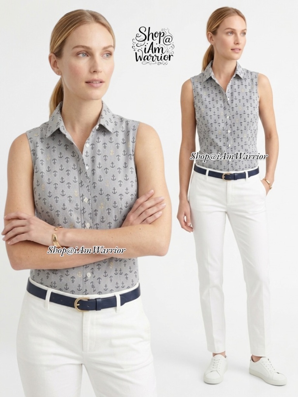 Charter Club pinstripe anchor print collared sleeveless button down top